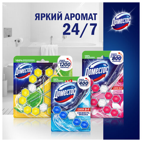 Блок туалетный подвесной твердый 3х55г ДОМЕСТОС Сила 5в1 "Свежесть океана", ш/к 14079 Блок туалетный подвесной твердый 3х55г ДОМЕСТОС Сила 5в1 "Свежесть океана", ш/к 14079